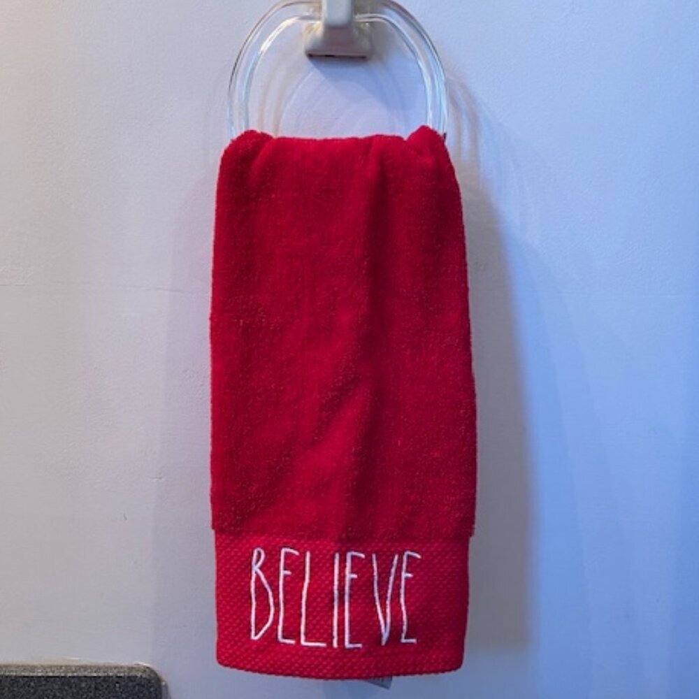 RAE DUNN Believe Red Cotton Hand Towel